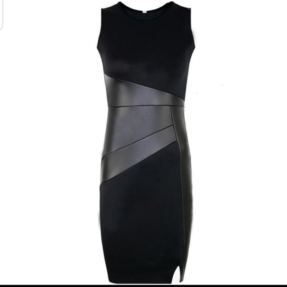 NEW BLACK LBD FAUX LEATHER CONTRAST SHEAT DRESS - Picture 2 of 6